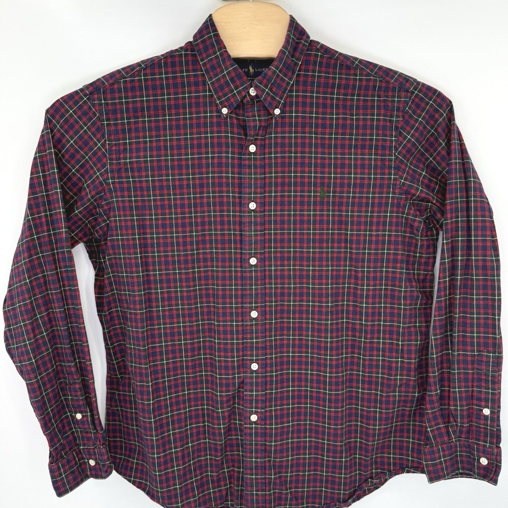 Ralph Lauren Button Down Shirt Men XL Navy Blue Red Plaid Long Sleeve Pony Logo